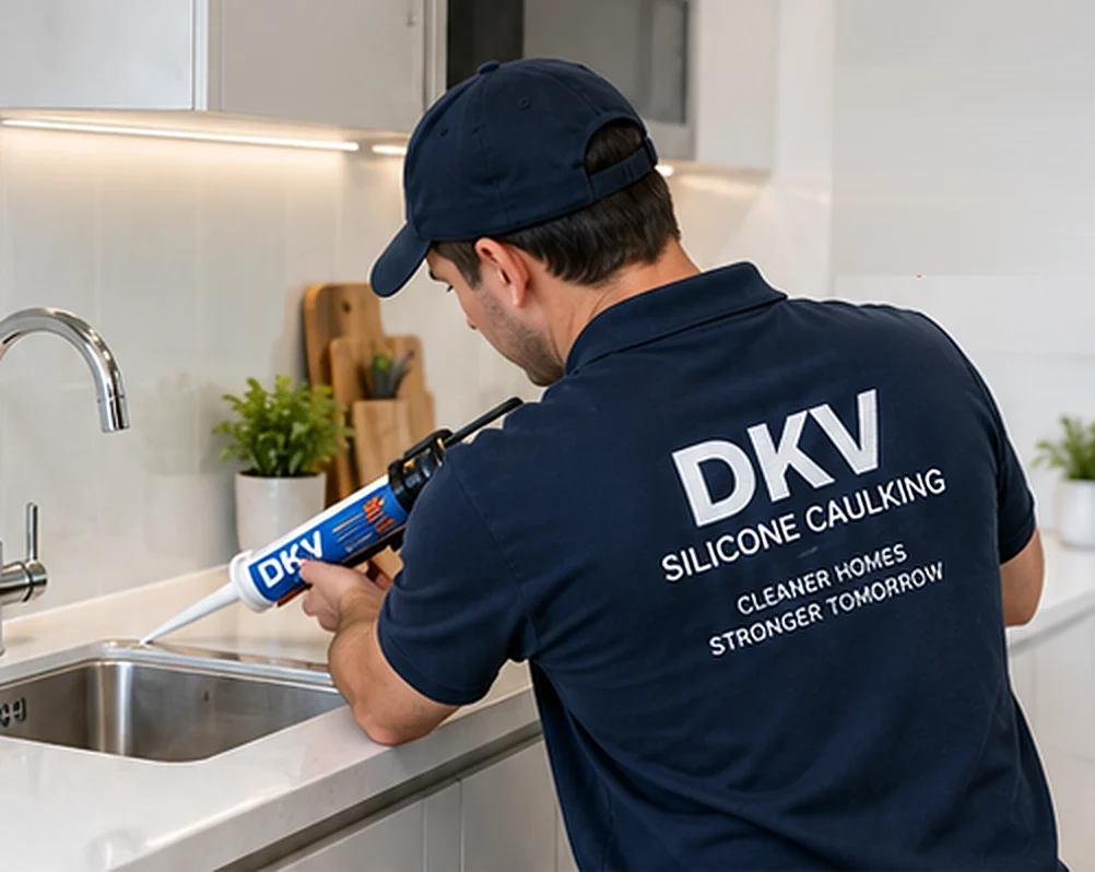 DKV technician sealing a kitchen sink to a stone benchtop